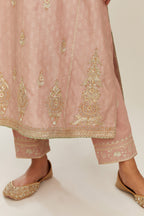 Old rose hand block printed silk chanderi kurta set with side panels, highlighted with gold gota and zari embroidery.