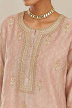 Old rose hand block printed silk chanderi kurta set with side panels, highlighted with gold gota and zari embroidery.