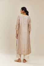 Grey silk chanderi kurta set with side panels, highlighted with gold gota and zari embroidery.