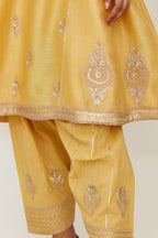 Yellow short kalidar silk chanderi kurta set with button placket and all over gold gota and zari embroidery.