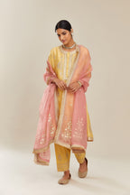 Yellow short kalidar silk chanderi kurta set with button placket and all over gold gota and zari embroidery.