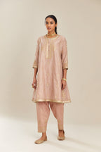 Old rose blue hand block printed short kalidar silk chanderi kurta set with button placket and all over gold gota and zari embroidery.