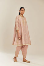 Old rose blue hand block printed short kalidar silk chanderi kurta set with button placket and all over gold gota and zari embroidery.