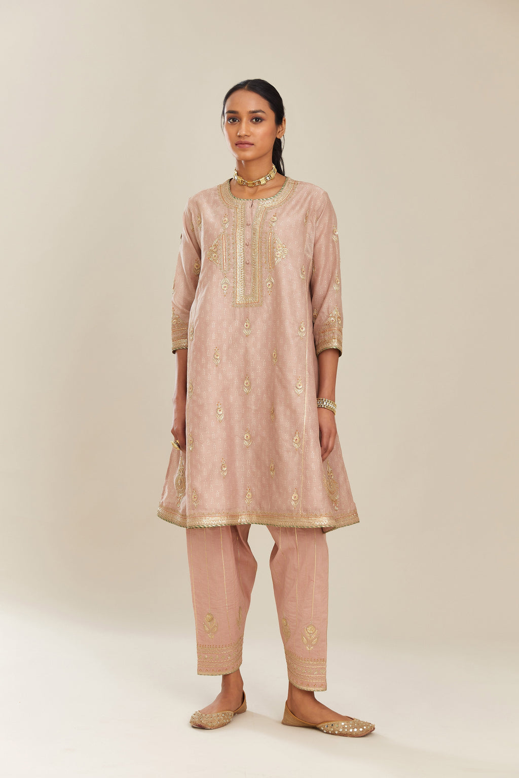 Old rose blue hand block printed short kalidar silk chanderi kurta set with button placket and all over gold gota and zari embroidery.
