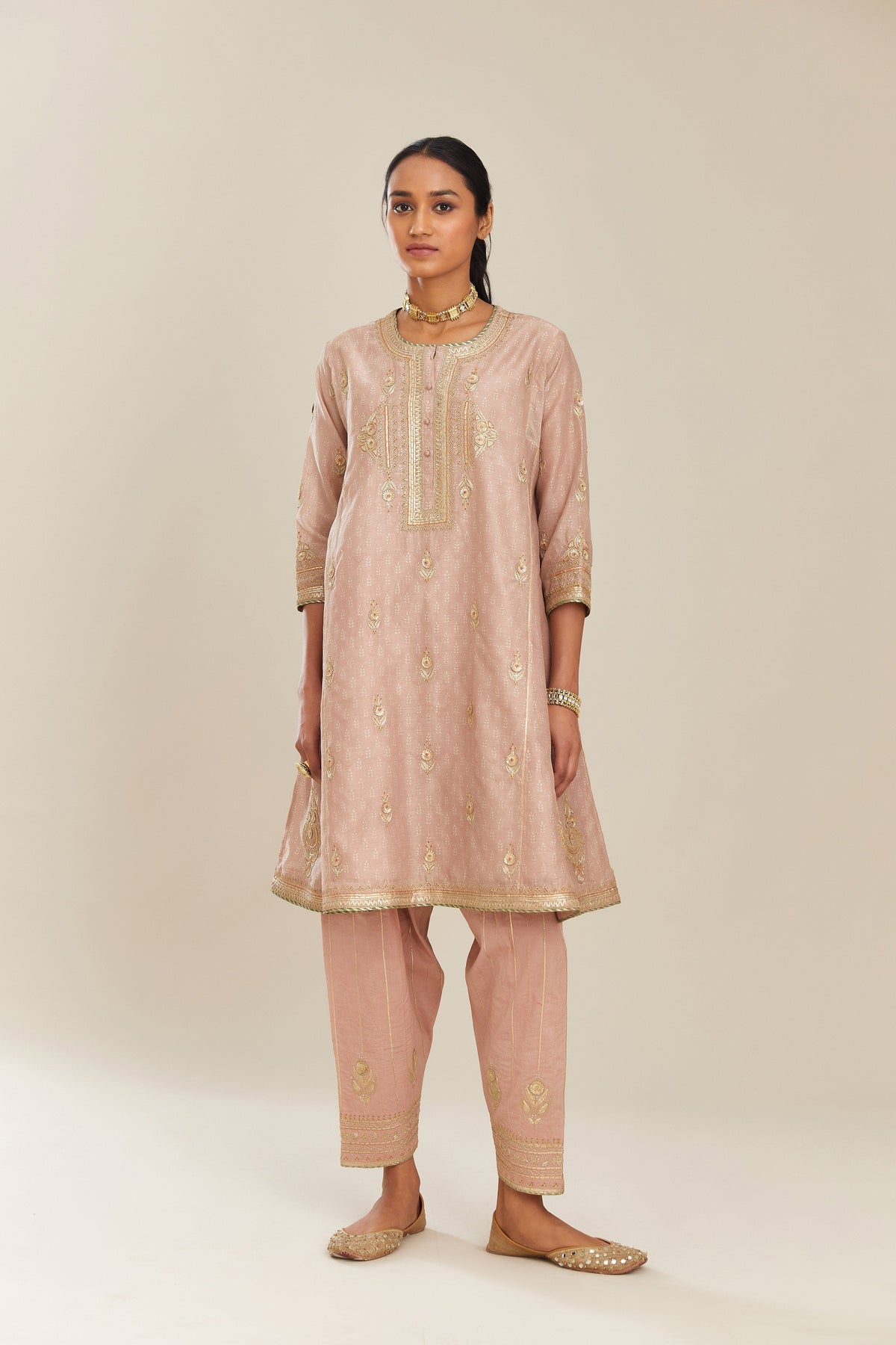 Old rose blue hand block printed short kalidar silk chanderi kurta set with button placket and all over gold gota and zari embroidery.