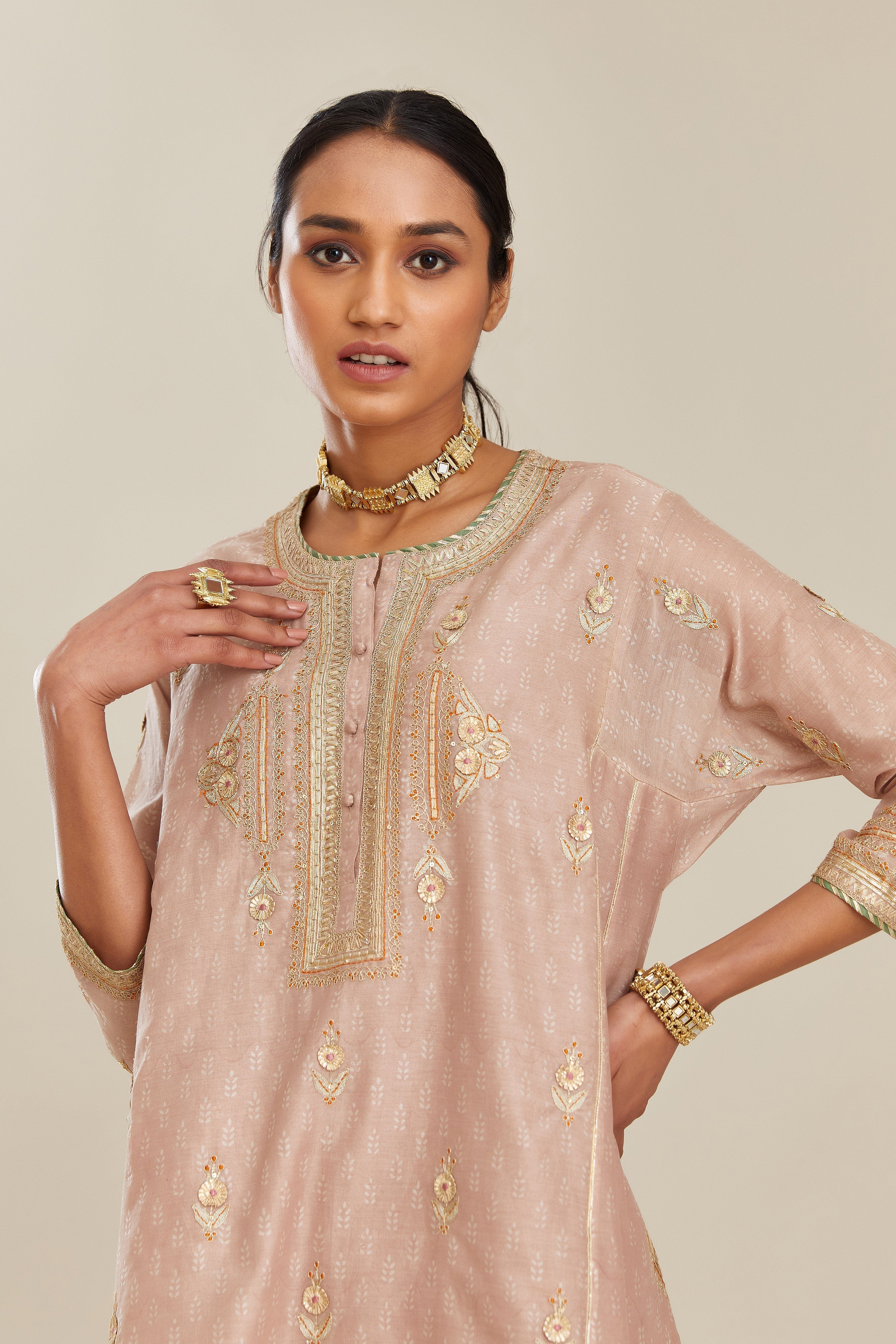 Old rose blue hand block printed short kalidar silk chanderi kurta set with button placket and all over gold gota and zari embroidery.