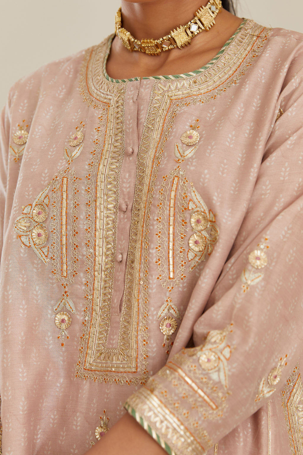 Old rose blue hand block printed short kalidar silk chanderi kurta set with button placket and all over gold gota and zari embroidery.