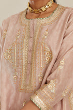 Old rose blue hand block printed short kalidar silk chanderi kurta set with button placket and all over gold gota and zari embroidery.