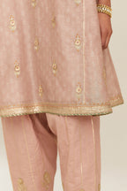 Old rose blue hand block printed short kalidar silk chanderi kurta set with button placket and all over gold gota and zari embroidery.