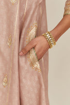 Old rose blue hand block printed short kalidar silk chanderi kurta set with button placket and all over gold gota and zari embroidery.