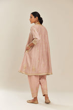 Old rose blue hand block printed short kalidar silk chanderi kurta set with button placket and all over gold gota and zari embroidery.
