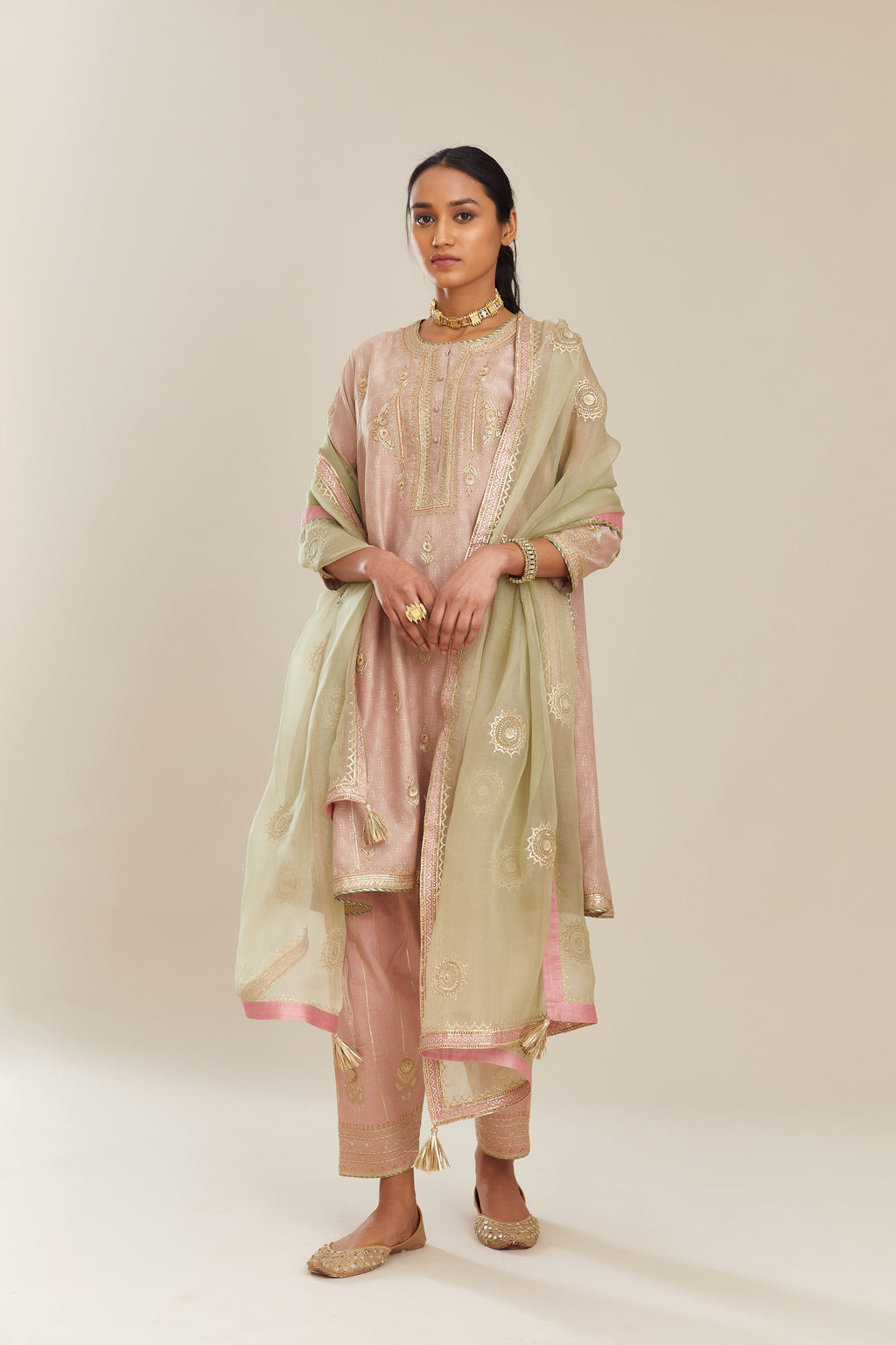 Old rose blue hand block printed short kalidar silk chanderi kurta set with button placket and all over gold gota and zari embroidery.