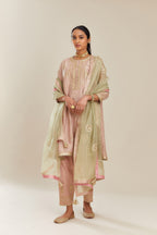 Old rose blue hand block printed short kalidar silk chanderi kurta set with button placket and all over gold gota and zari embroidery.