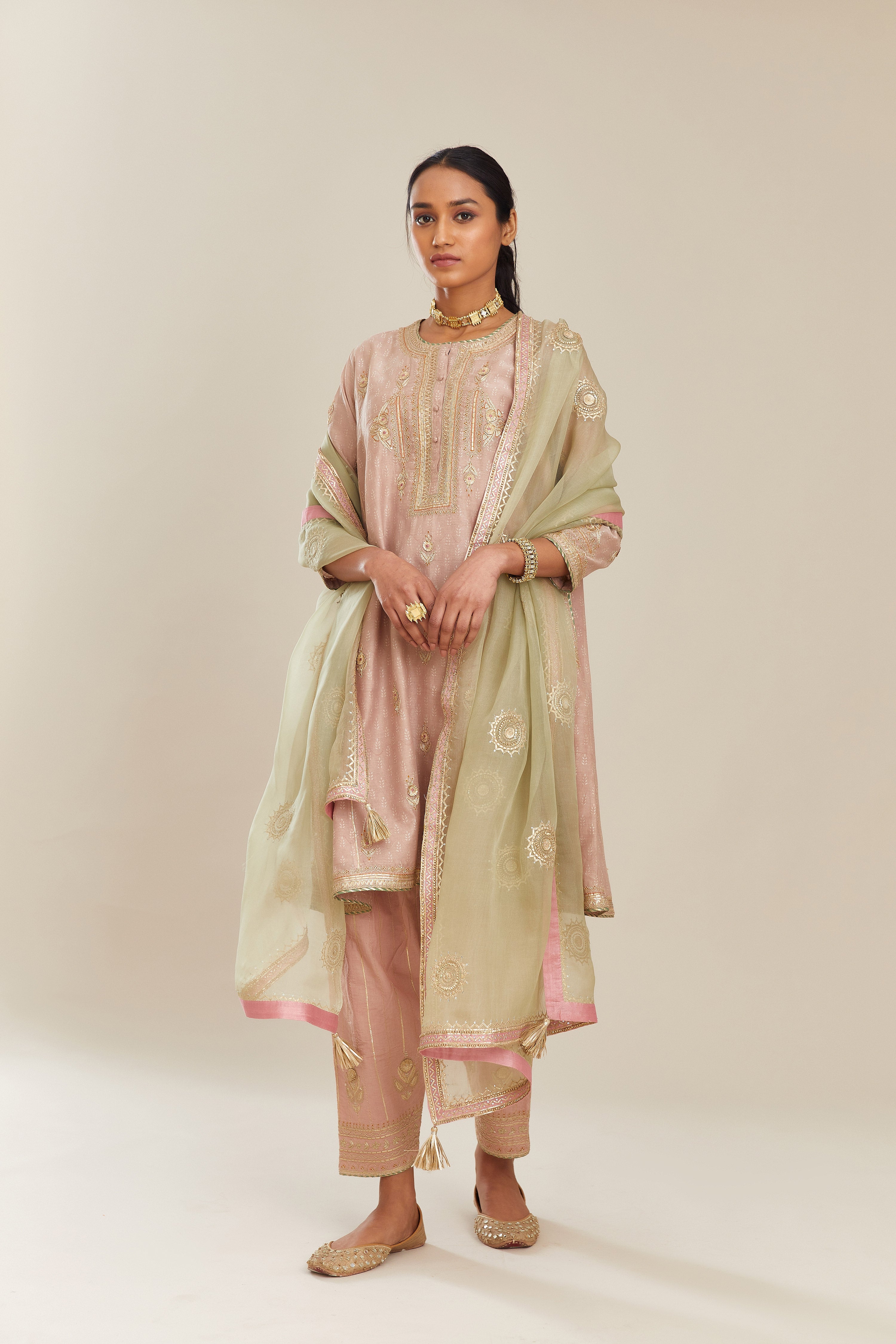 Old rose blue hand block printed short kalidar silk chanderi kurta set with button placket and all over gold gota and zari embroidery.