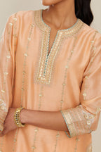 Peach silk chanderi short kurta set with all over heavy gold gota and zari embroidery