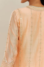 Peach silk chanderi short kurta set with all over heavy gold gota and zari embroidery