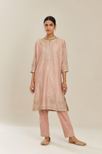 Old rose hand block printed silk chanderi short kurta set, highlighted with gold gota and zari embroidery.