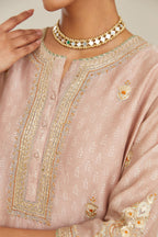 Old rose hand block printed silk chanderi short kurta set, highlighted with gold gota and zari embroidery.