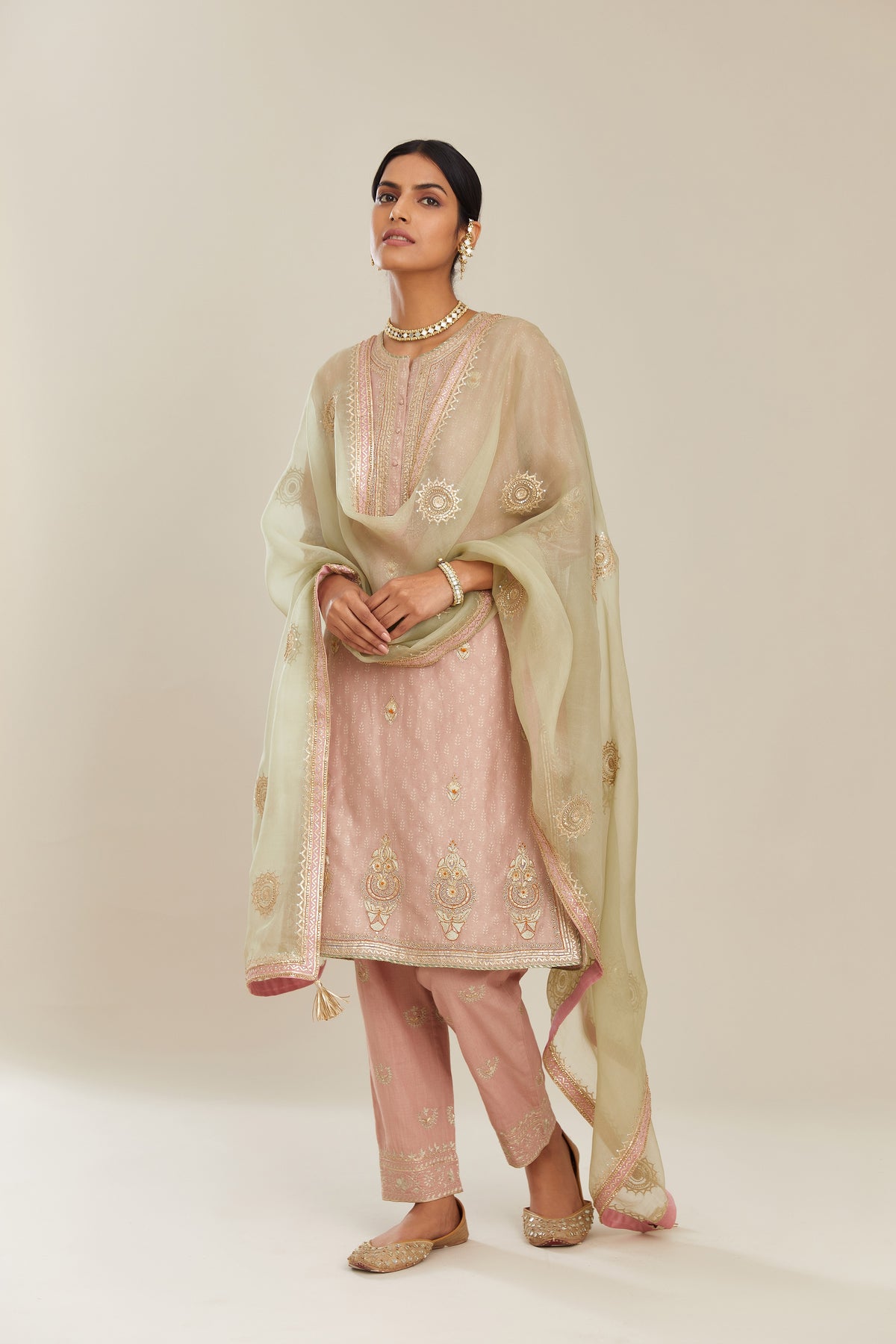 Old rose hand block printed silk chanderi short kurta set, highlighted with gold gota and zari embroidery.