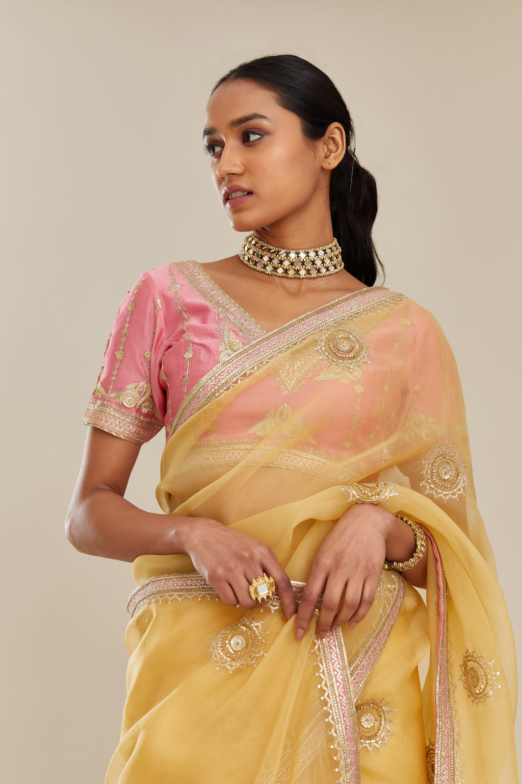 Pink silk chanderi blouse with all-over gold gota and zari embroidery. (Blouse)