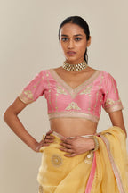 Pink silk chanderi blouse with all-over gold gota and zari embroidery. (Blouse)