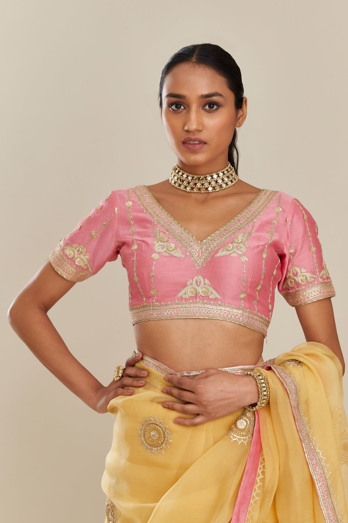 Pink silk chanderi blouse with all-over gold gota and zari embroidery. (Blouse)