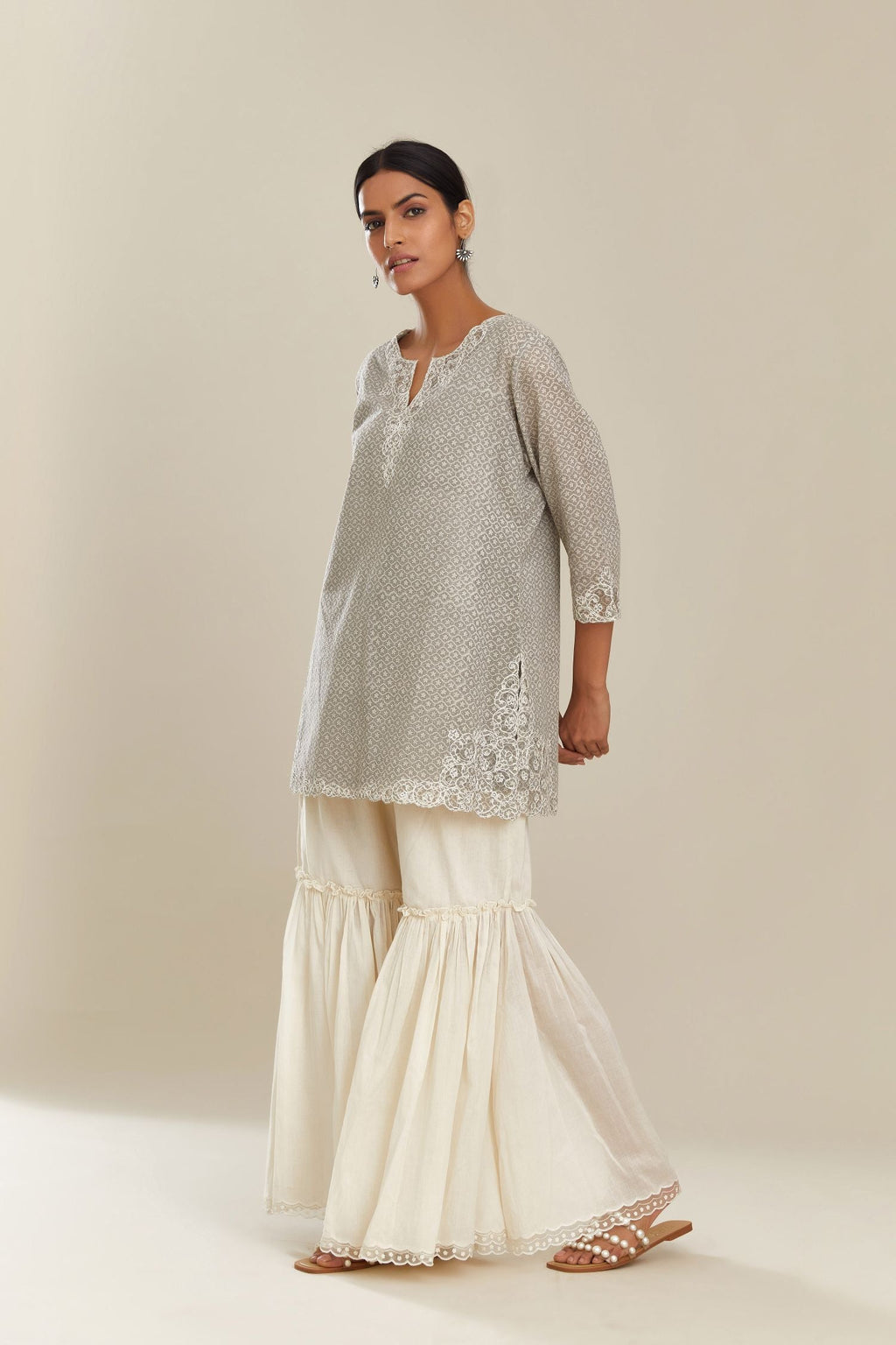 Grey hand block over-printed cotton straight short kurta set with embroidered cotton chanderi cutwork, highlighted with sequins.