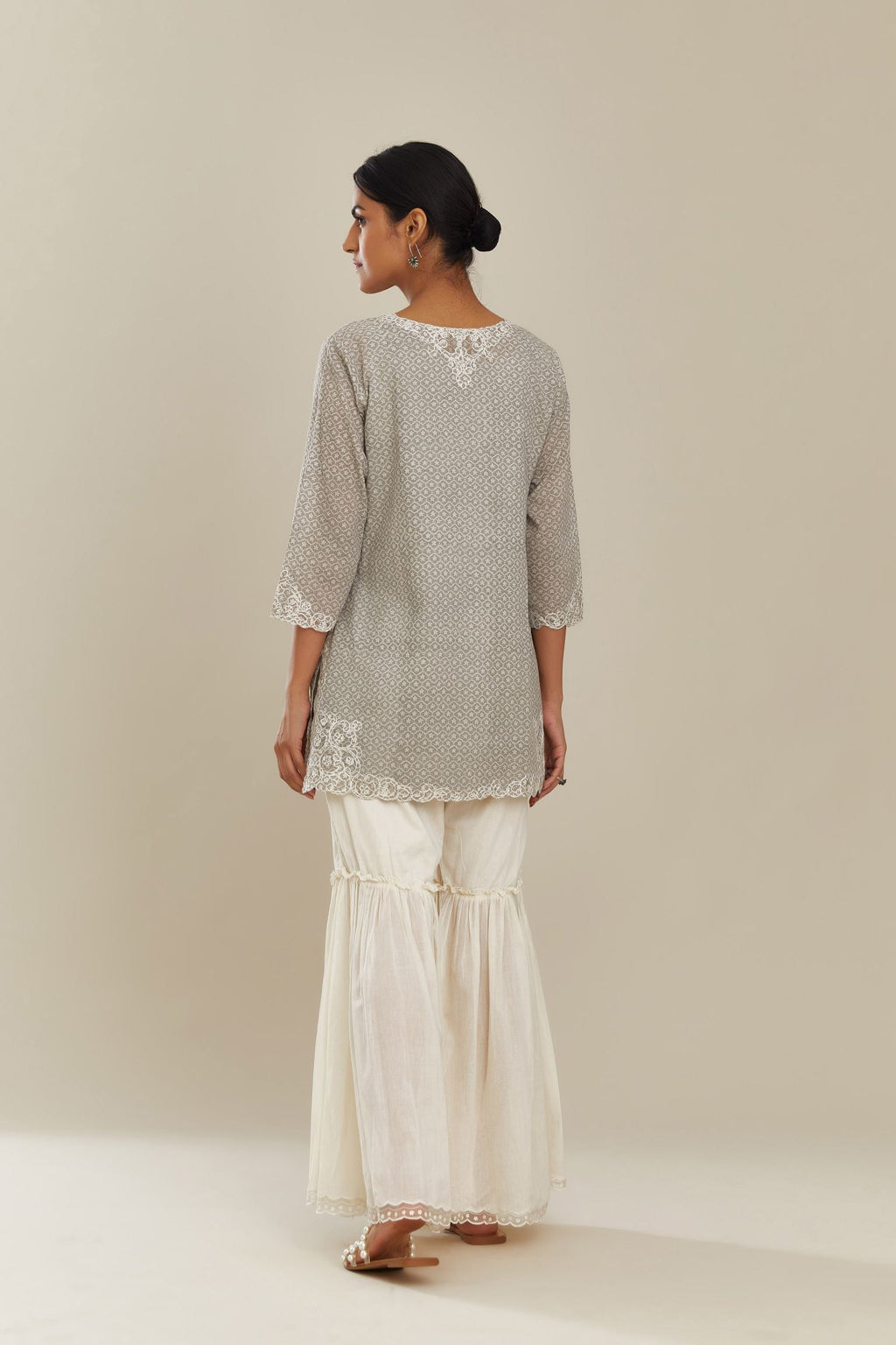 Grey hand block over-printed cotton straight short kurta set with embroidered cotton chanderi cutwork, highlighted with sequins.