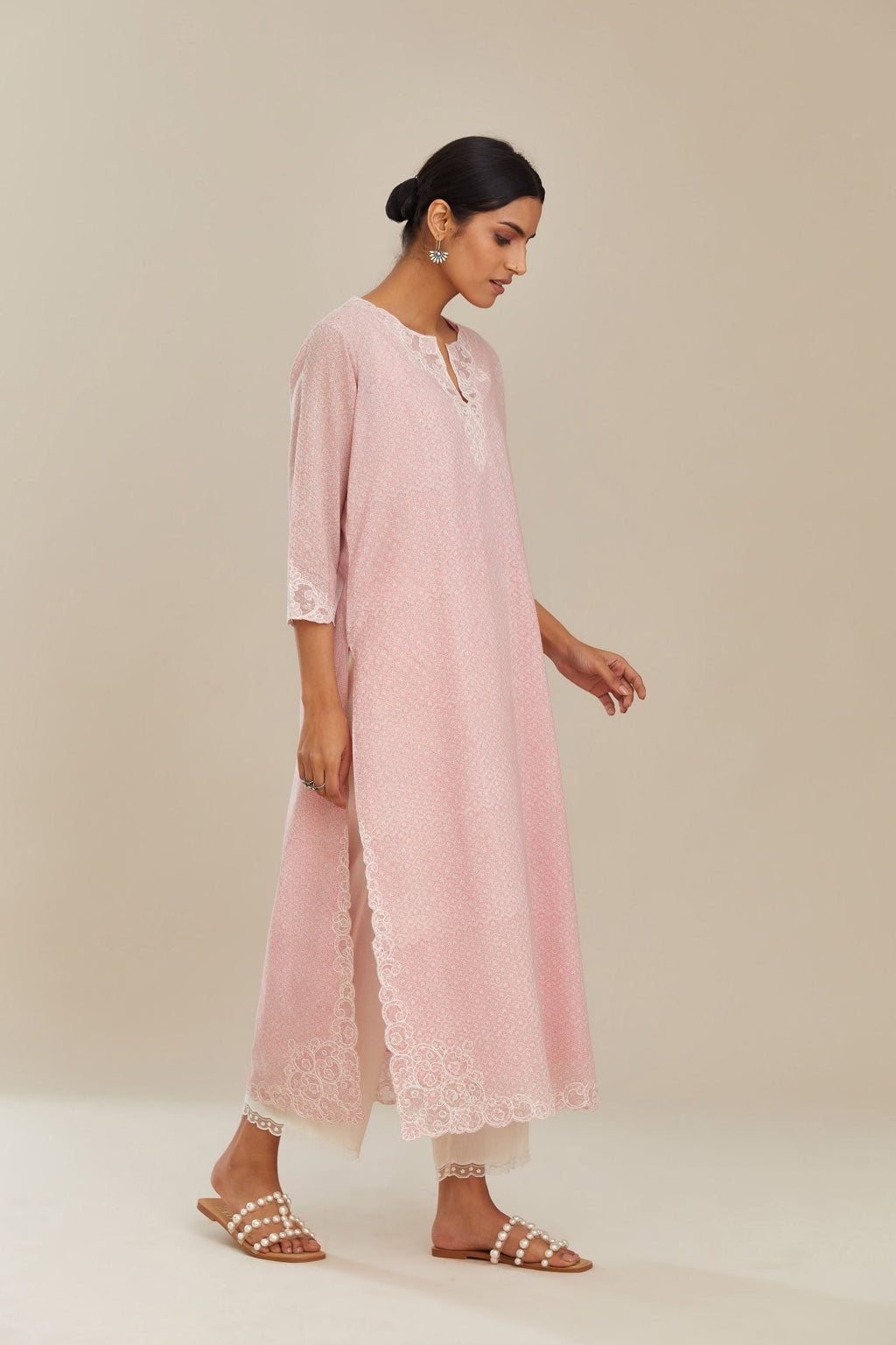 Pink hand block over-printed cotton straight kurta set with embroidered cotton chanderi cutwork side panels, highlighted with sequins