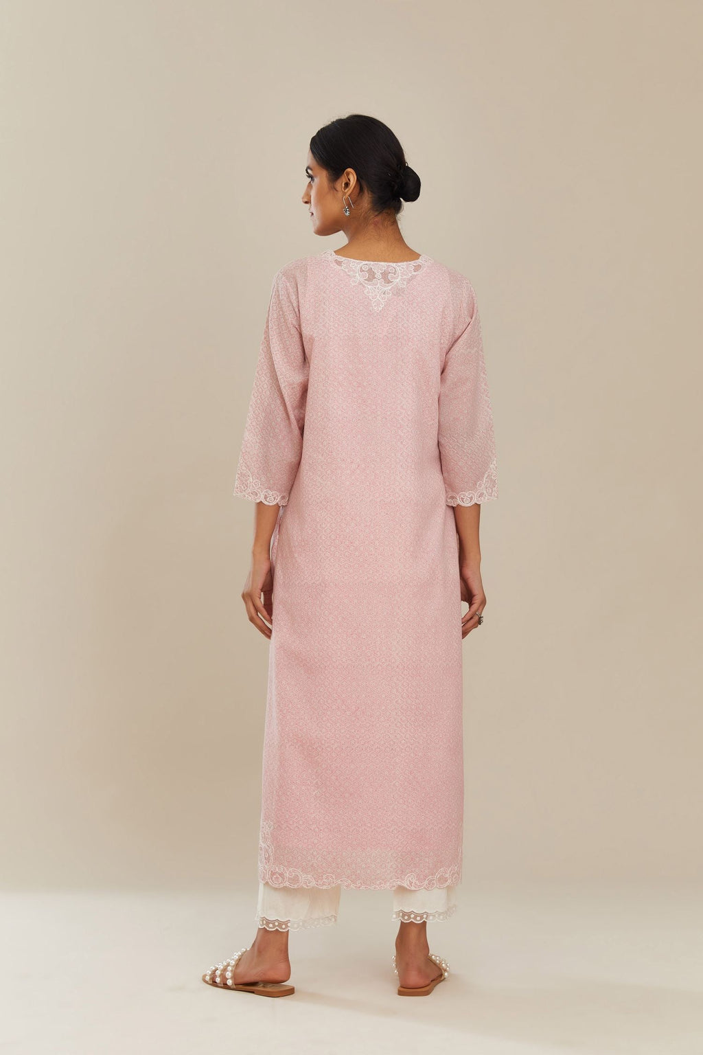 Pink hand block over-printed cotton straight kurta set with embroidered cotton chanderi cutwork side panels, highlighted with sequins