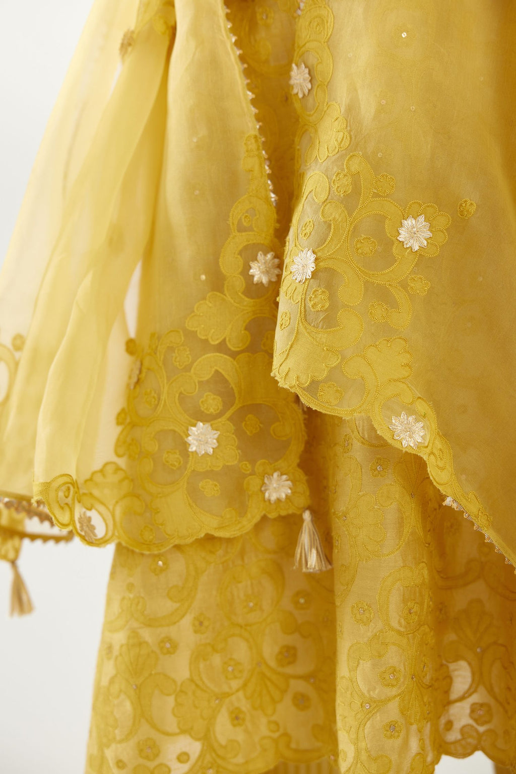 Yellow organza dupatta with silk chanderi appliqué embroidery and gota flower detail.