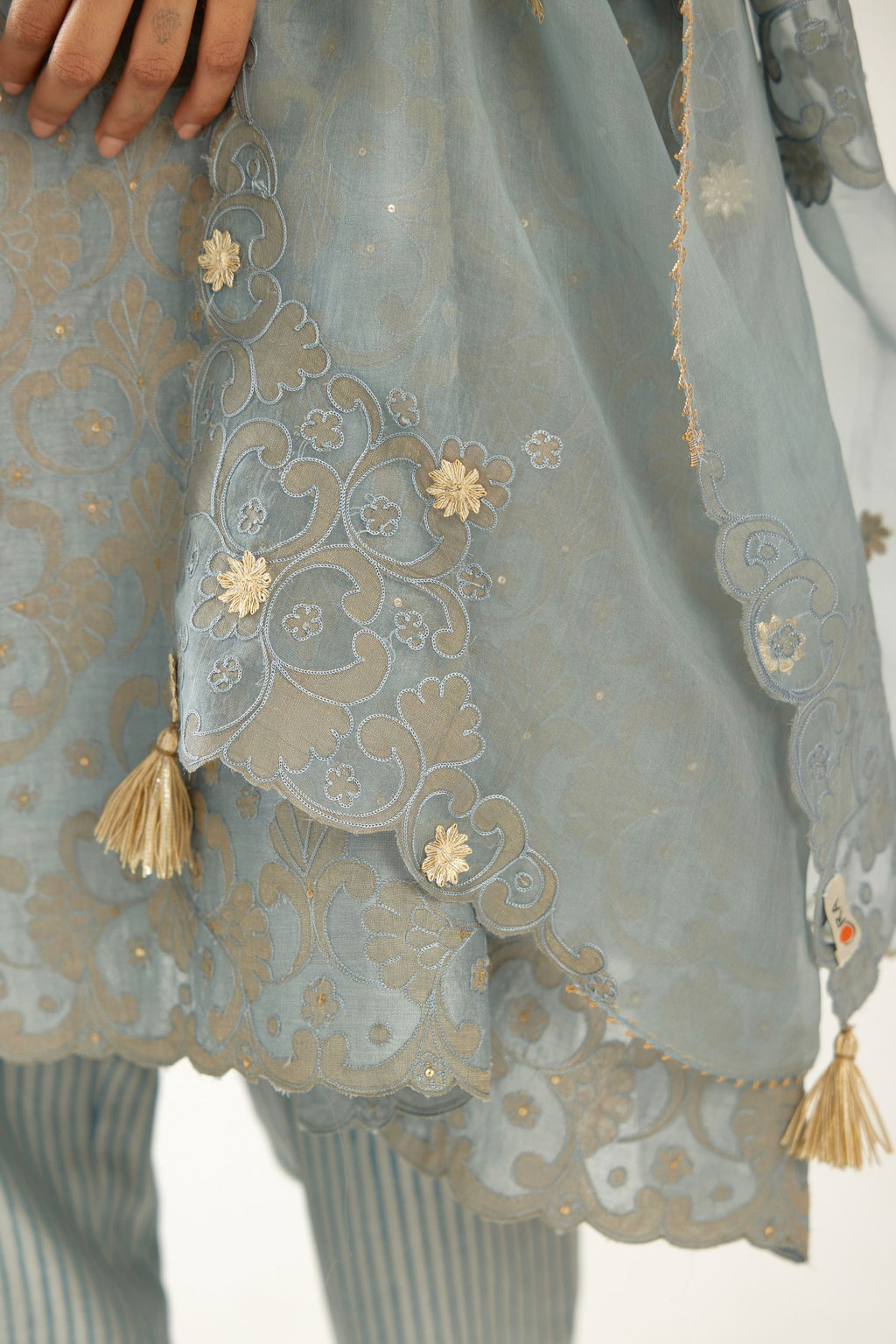 Blue organza dupatta with silk chanderi appliqué embroidery and gota flower detail.
