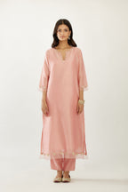 Pink silk chanderi hand block printed straight kurta set, highlighted with organza and gota embroidered flower at edges