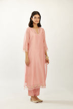 Pink silk chanderi hand block printed straight kurta set, highlighted with organza and gota embroidered flower at edges
