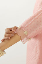 Pink silk chanderi hand block printed straight kurta set, highlighted with organza and gota embroidered flower at edges