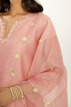 Pink hand block printed narrow dupatta, highlighted with all-over gota flower and organza scalloped edges.