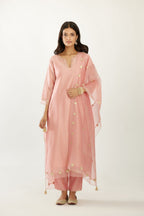 Pink hand block printed narrow dupatta, highlighted with all-over gota flower and organza scalloped edges.