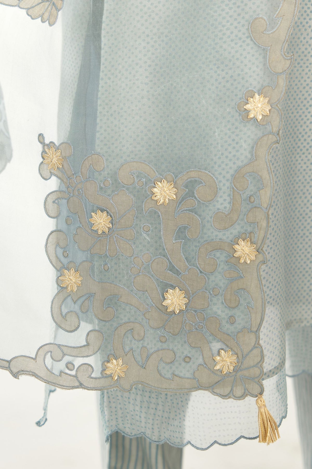 Blue silk chanderi hand block printed straight kurta set, highlighted with scalloped organza at edges.