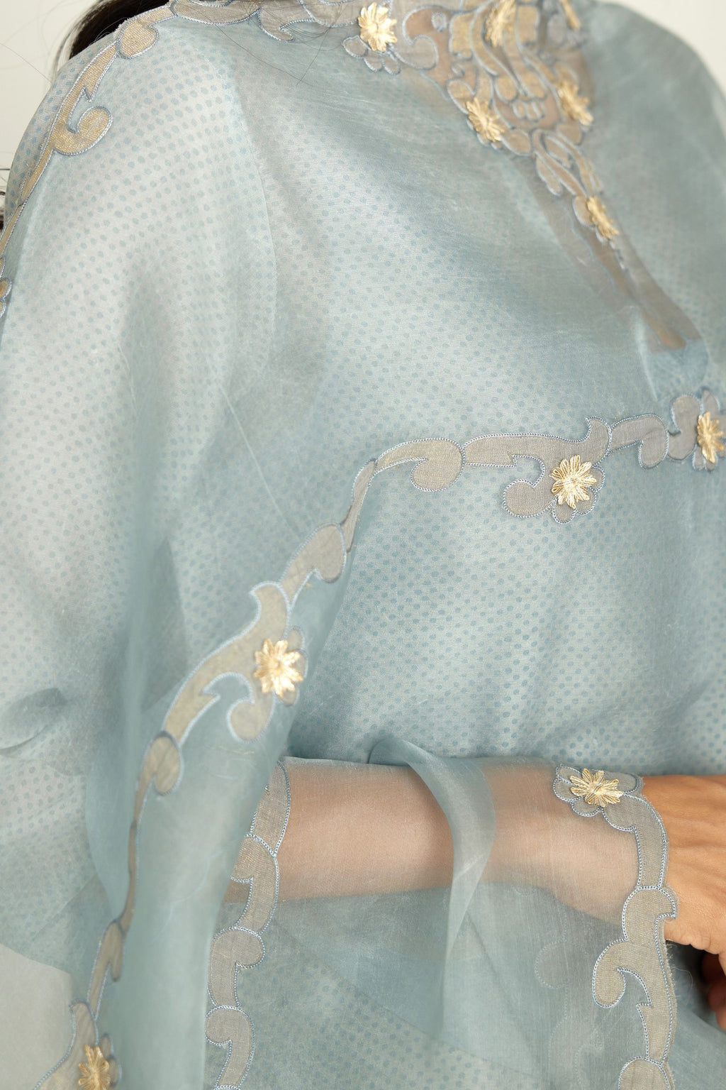 Blue silk chanderi hand block printed straight kurta set, highlighted with scalloped organza at edges.