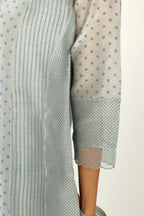 Blue silk chanderi hand block printed straight kurta set with concealed button placket neckline, highlighted with scalloped organza at edges.