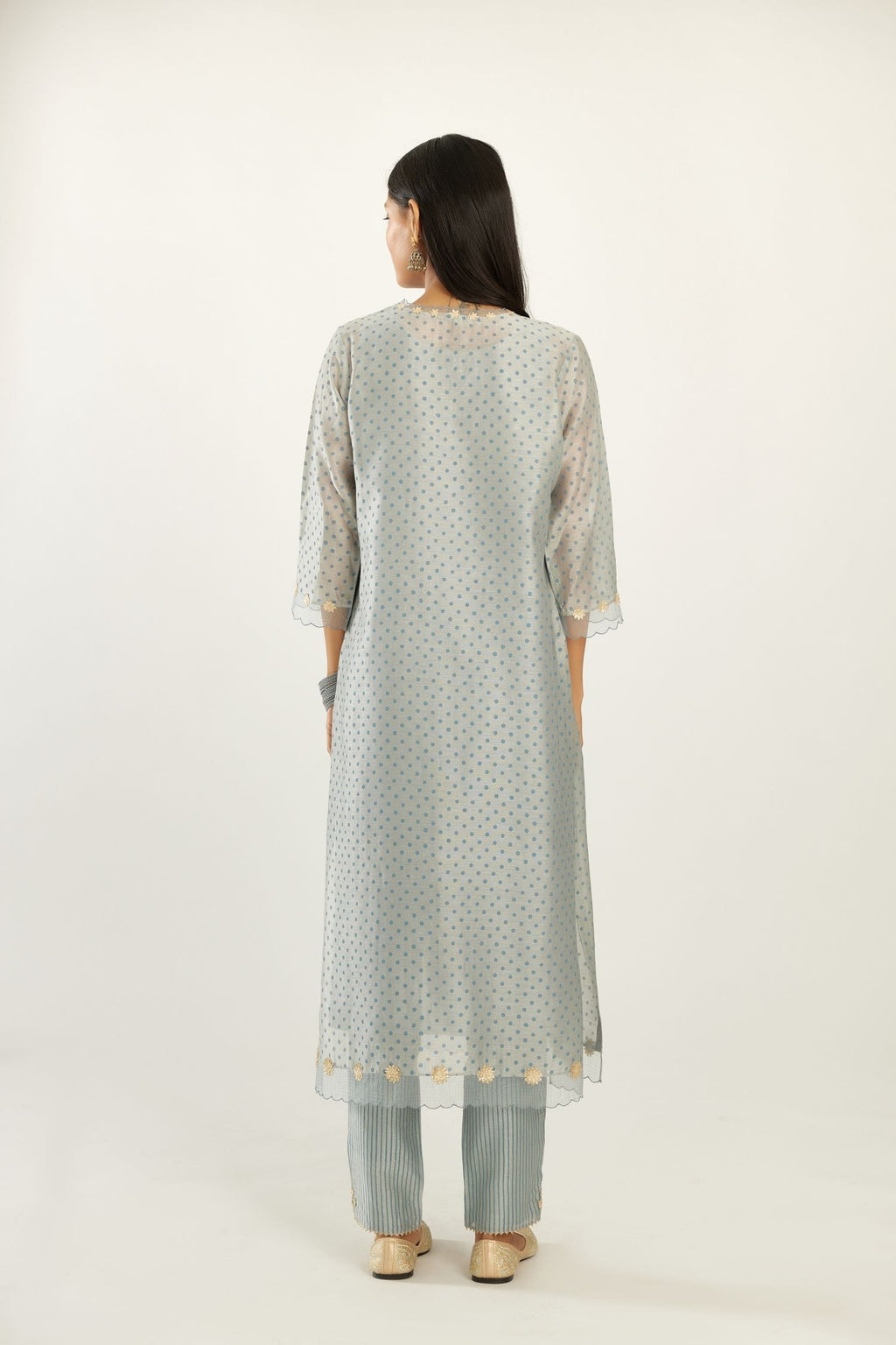 Blue silk chanderi hand block printed straight kurta set, highlighted with organza and gota embroidered flower at edges