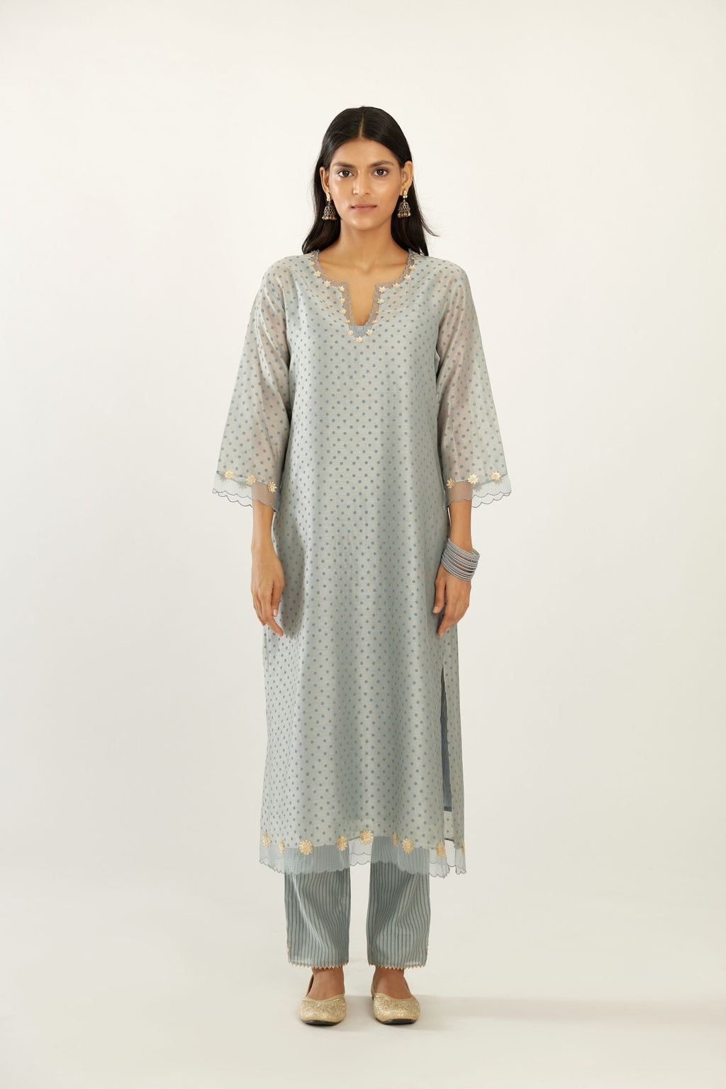 Blue silk chanderi hand block printed straight kurta set, highlighted with organza and gota embroidered flower at edges
