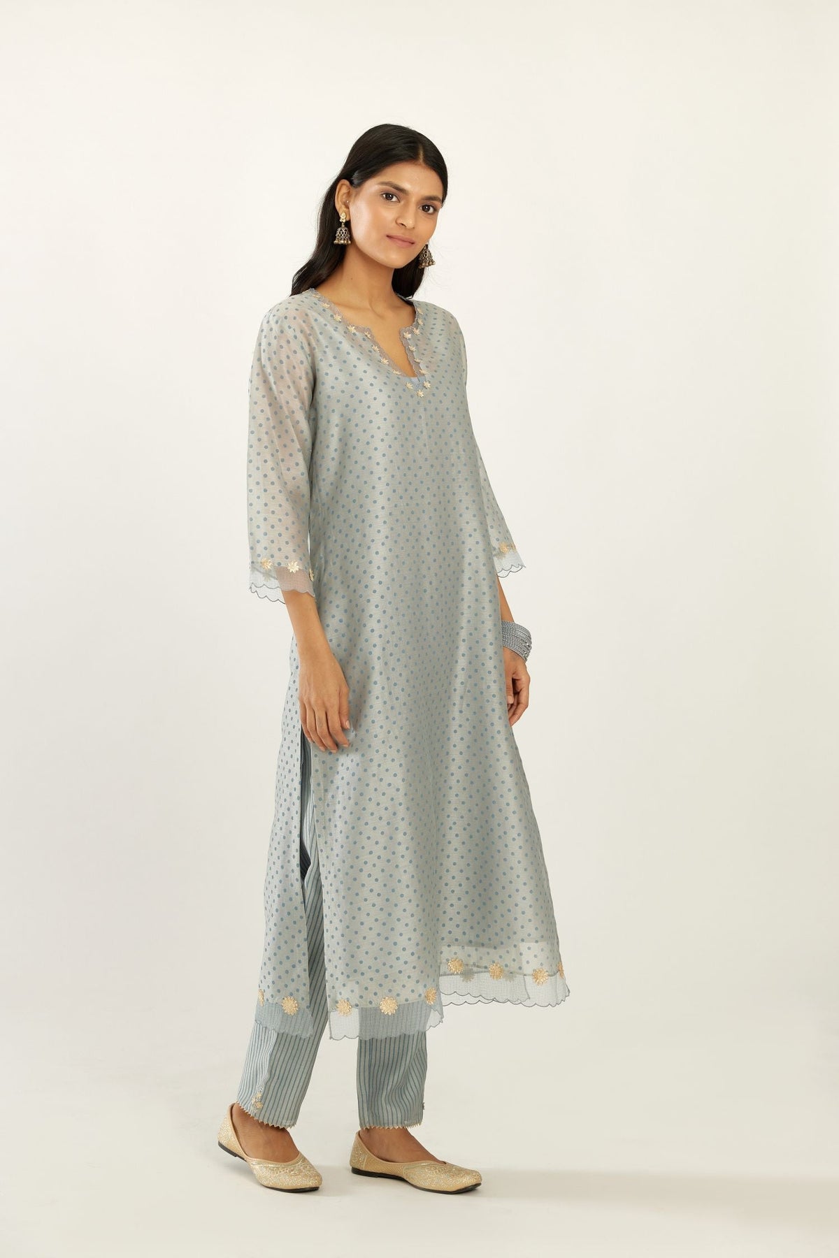 Blue silk chanderi hand block printed straight kurta set, highlighted with organza and gota embroidered flower at edges