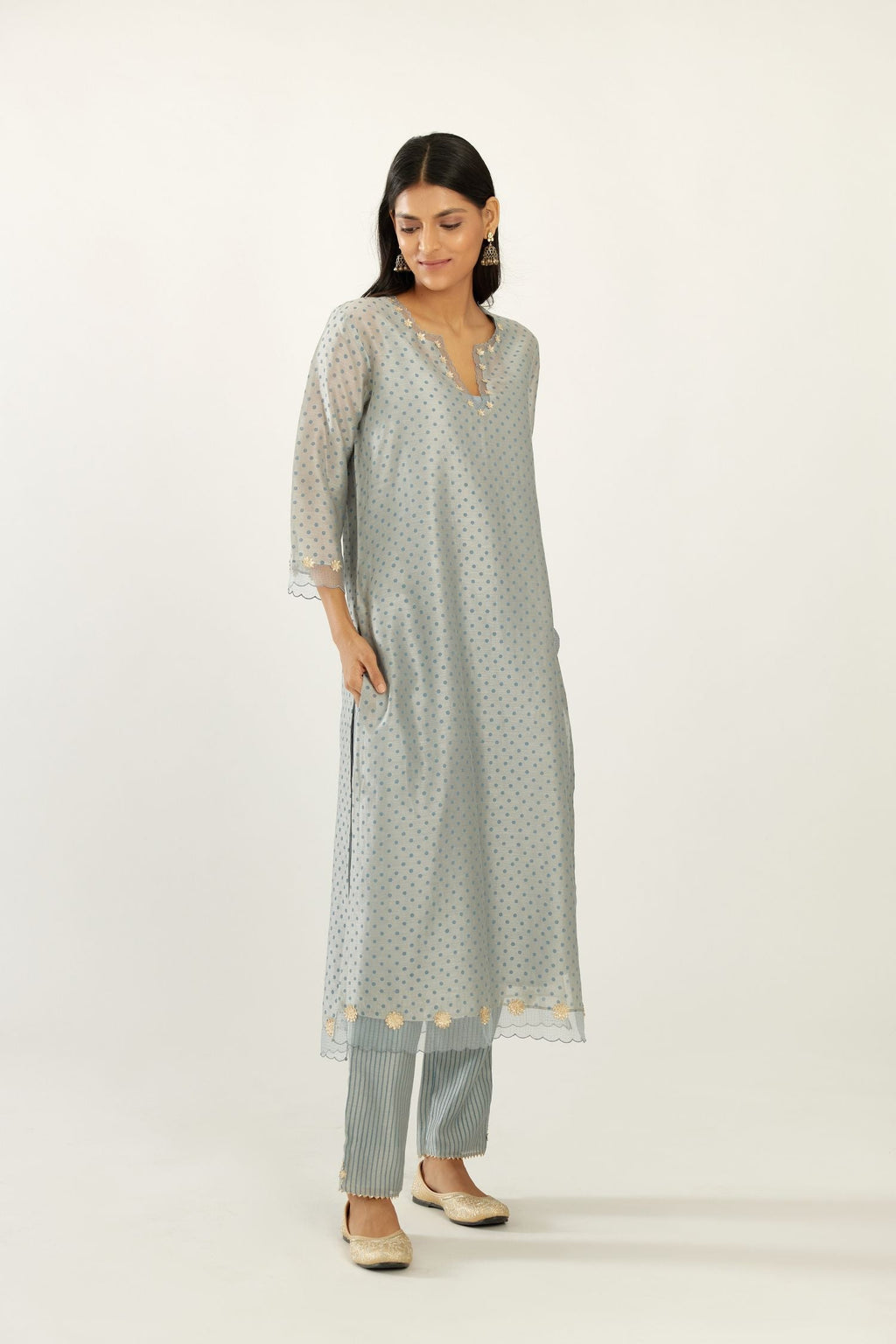 Blue silk chanderi hand block printed straight kurta set, highlighted with organza and gota embroidered flower at edges