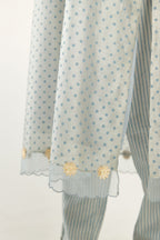 Blue silk chanderi hand block printed straight kurta set, highlighted with organza and gota embroidered flower at edges