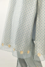 Blue silk chanderi hand block printed straight kurta set, highlighted with organza and gota embroidered flower at edges