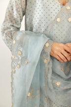 Blue silk chanderi hand block printed straight kurta set, highlighted with organza and gota embroidered flower at edges