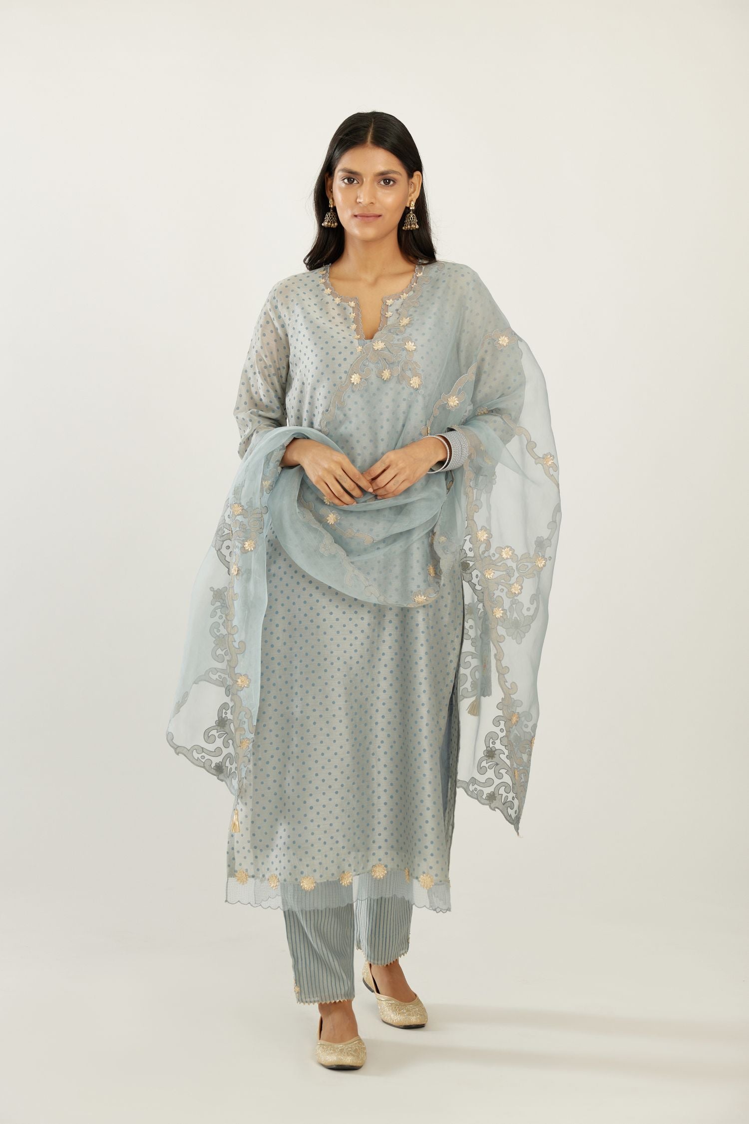 Blue silk chanderi hand block printed straight kurta set, highlighted with organza and gota embroidered flower at edges