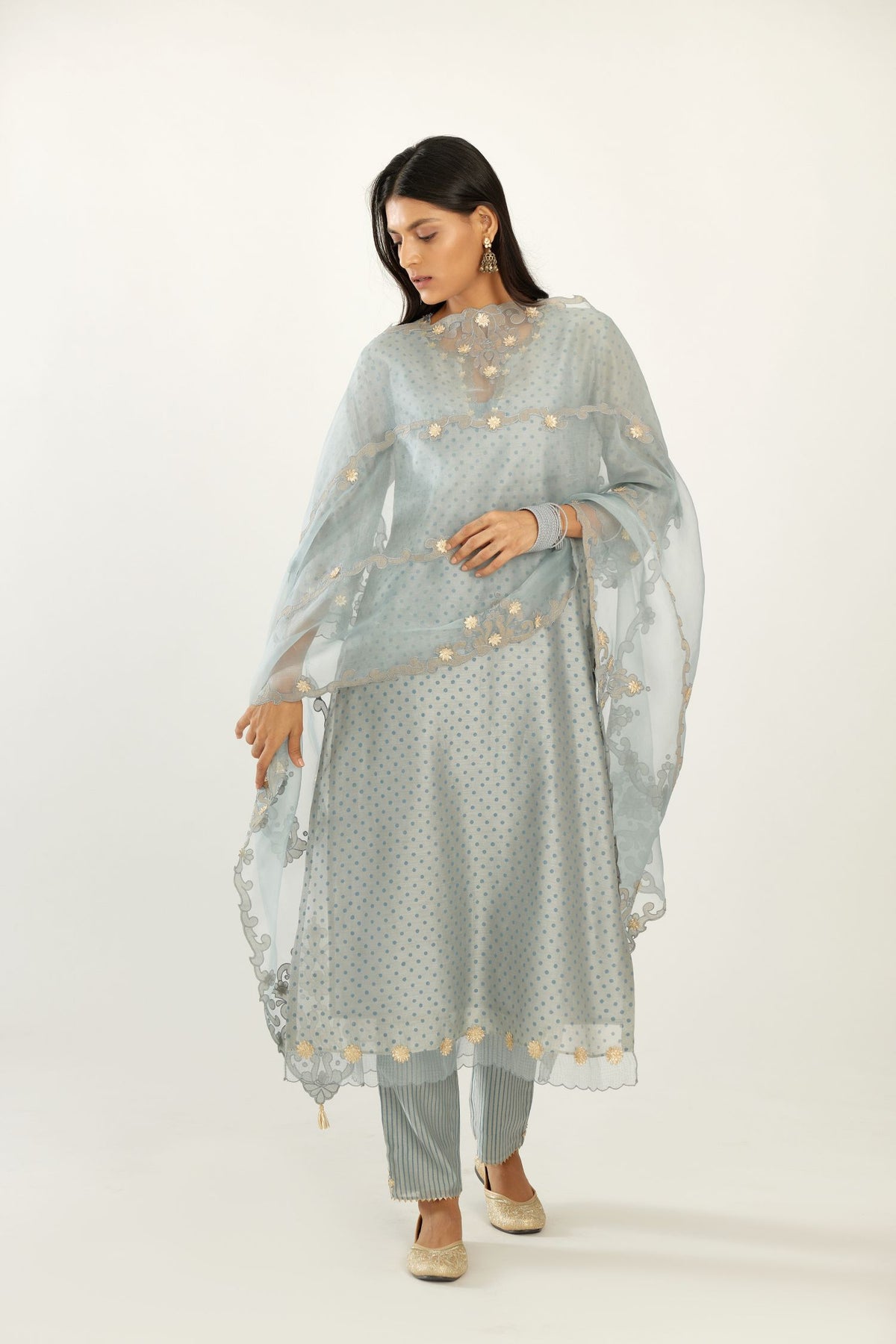 Blue silk chanderi hand block printed straight kurta set, highlighted with organza and gota embroidered flower at edges