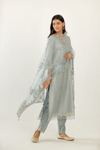 Blue silk chanderi hand block printed straight kurta set, highlighted with organza and gota embroidered flower at edges